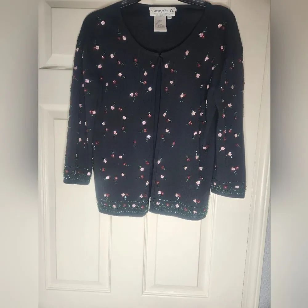 Joseph A Black Beaded Embroidered Open Front 3/4 Sleeve Stretch Knit Cardigan XL